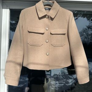 Zara Cropped Beige Wool-Blend Button Jacket